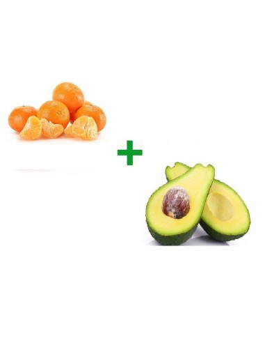caja variada de fruta con mandarina y aguacate